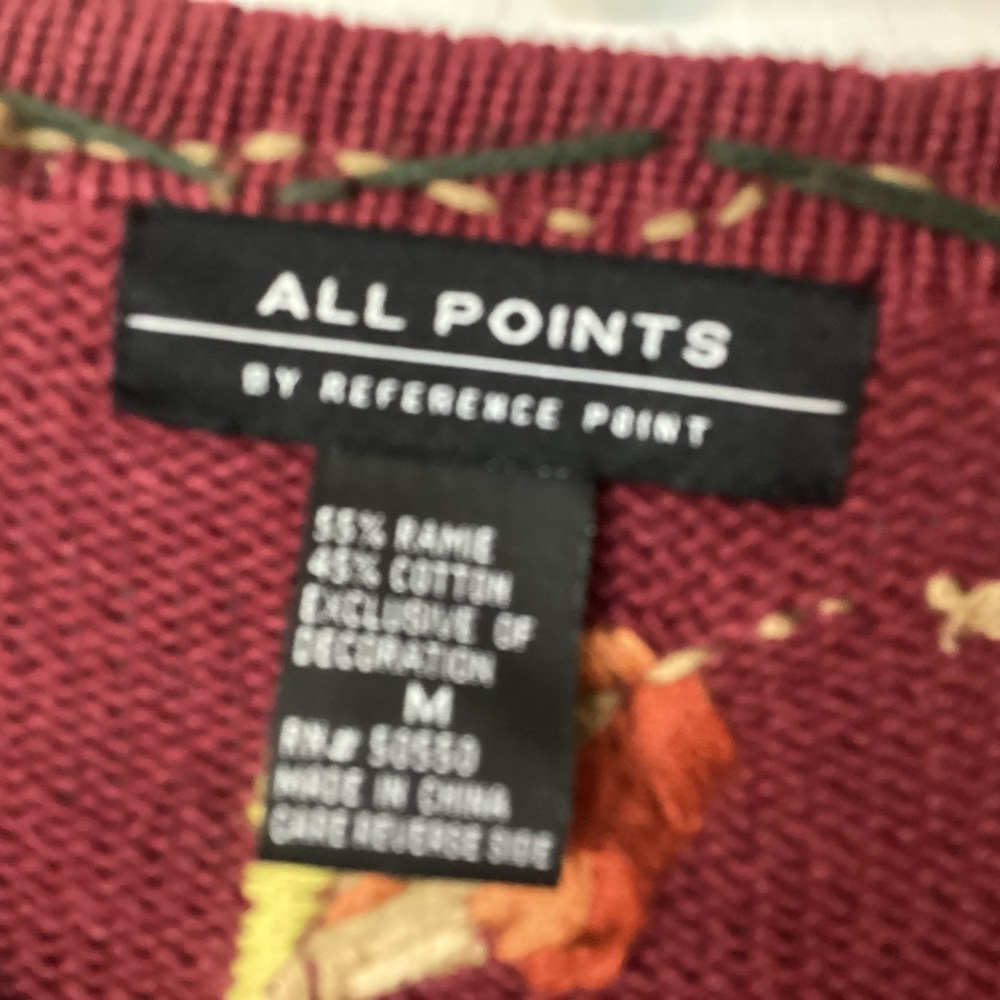 All Points M burgundy snap cardigan fall theme embroidery trim very good preworn - Picture 2 of 2